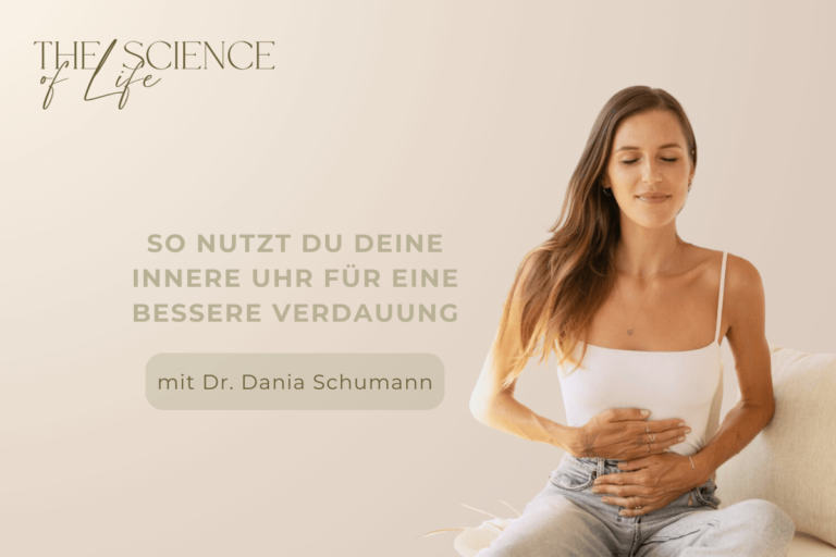 Bild von Dr. dania Schumann mit einem Podcast-Titel zu zirkadianem Rhytmus und Verdauung